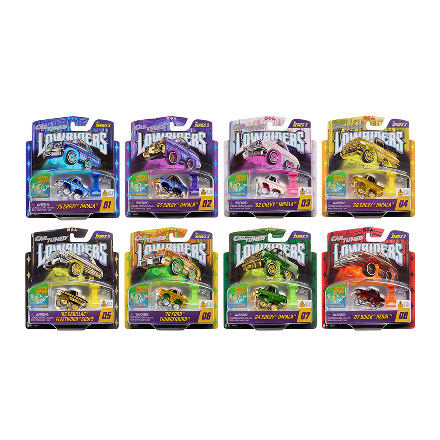 CarTuned 1:64 Lowriders SHOW GLOW Series 3 Assortment of 8 Styles 2026 – L.E.D. Light Up & Hopper Chassis Option